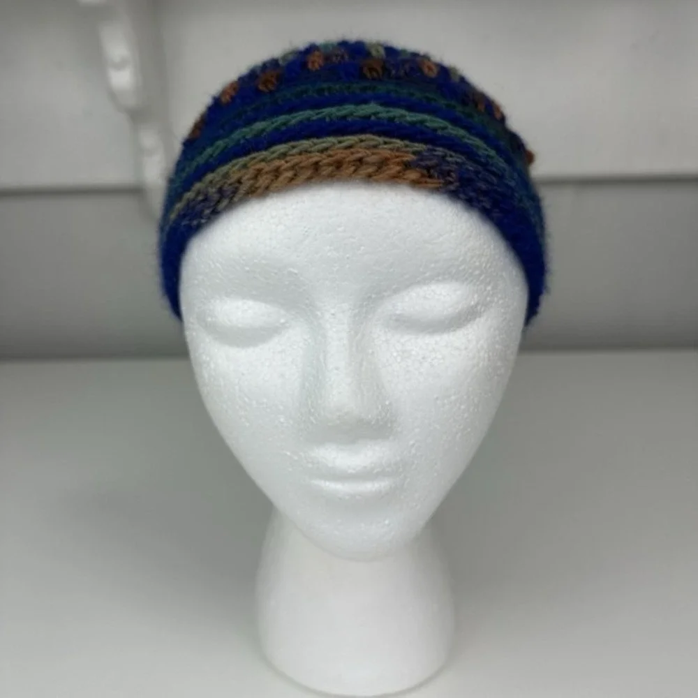 Created by Cyd Handmade Crochet Beanie Hat Blue Green Brown Boho Knit Cap NEW